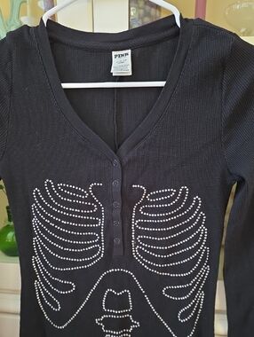 PINK Victoria's Secret Black Ribbed Snap-Front Long Sleeve Skeleton Onesie